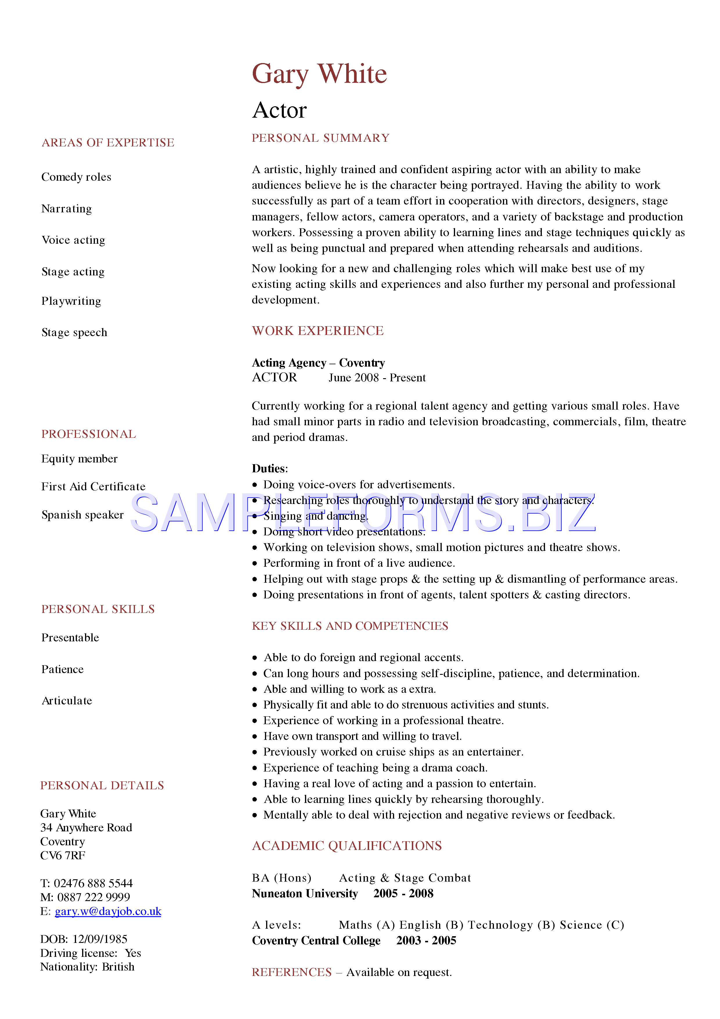 Preview free downloadable Actor CV Template in PDF (page 1)